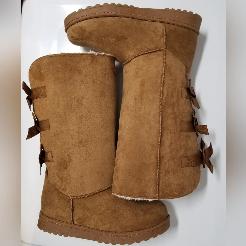 Suede Leather & Fur Lined Tall Boot Triple Bow Caramel Brown Sz 9 NWOT